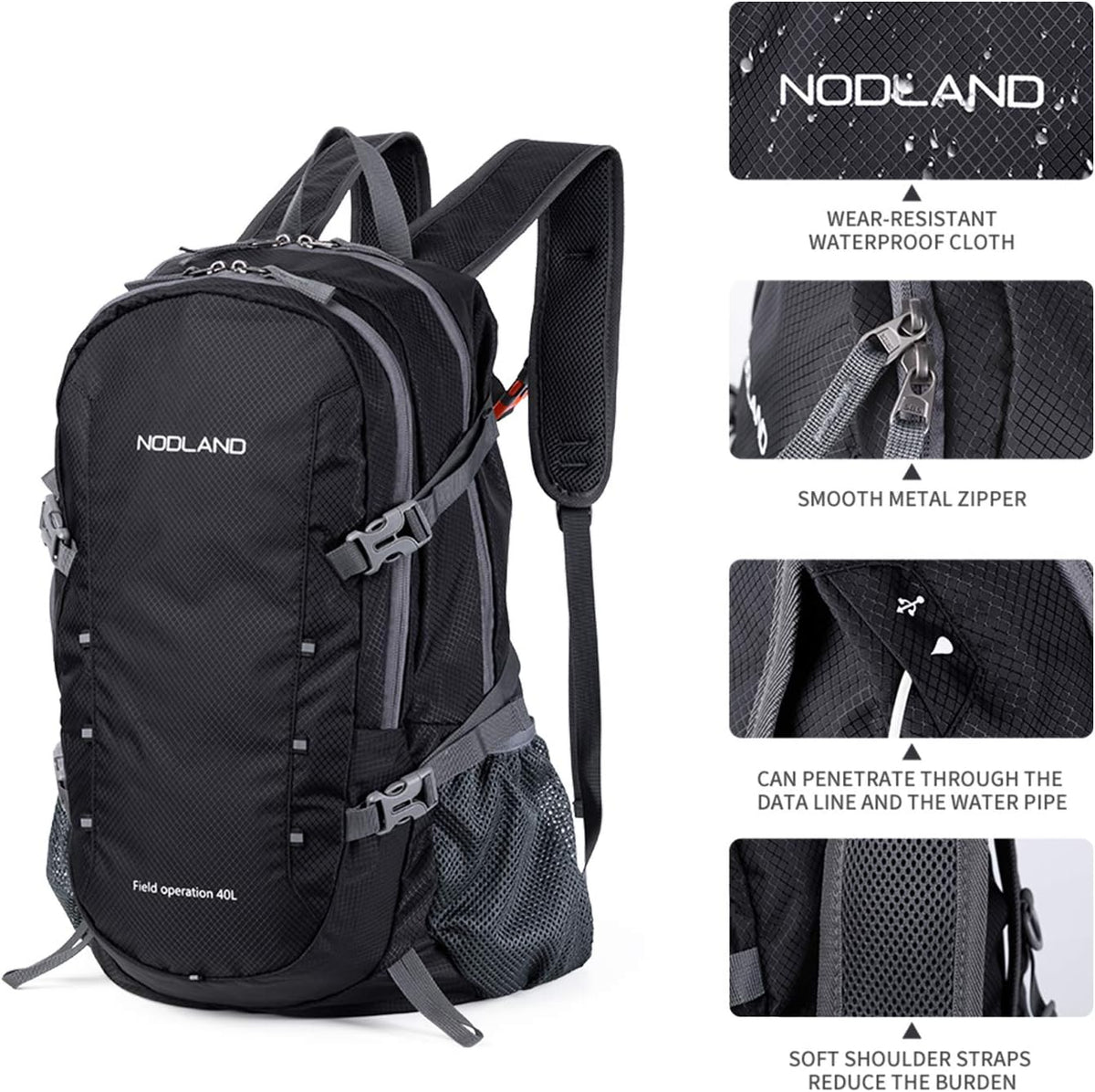 NODLAND Lightweight Backpack, Travel 40L Foldable Water-Resistant Daypack, Hiking Outdoor Camping Rucksack for Men Women