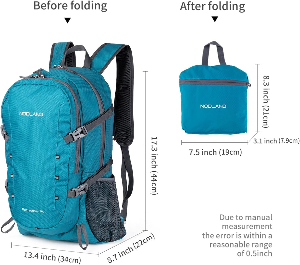 NODLAND Lightweight Backpack, Travel 40L Foldable Water-Resistant Daypack, Hiking Outdoor Camping Rucksack for Men Women
