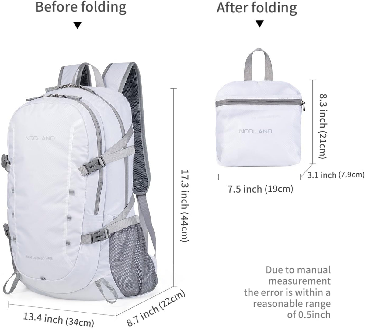 NODLAND Lightweight Backpack, Travel 40L Foldable Water-Resistant Daypack, Hiking Outdoor Camping Rucksack for Men Women