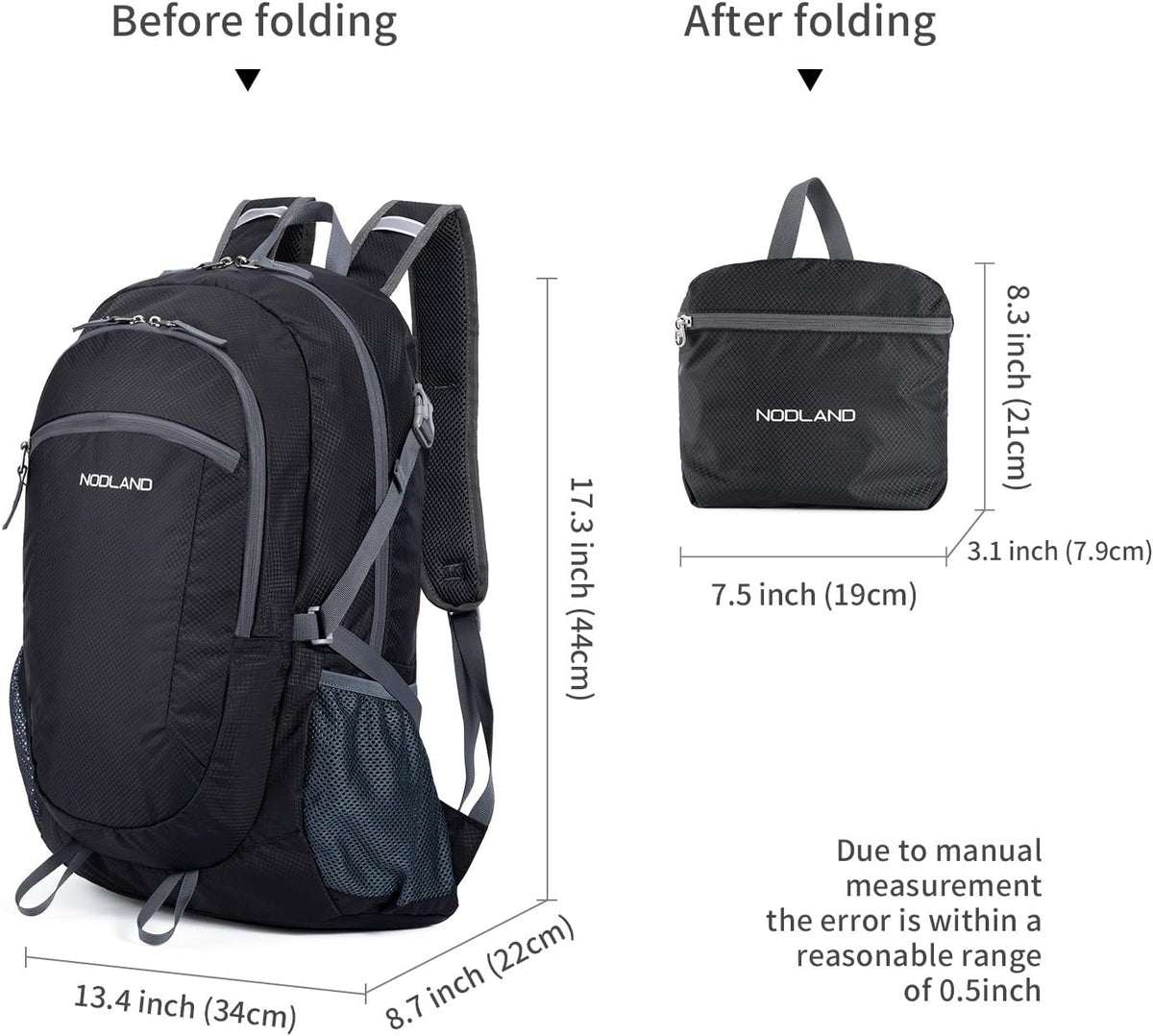 NODLAND Lightweight Backpack, Travel 40L Foldable Water-Resistant Daypack, Hiking Outdoor Camping Rucksack for Men Women