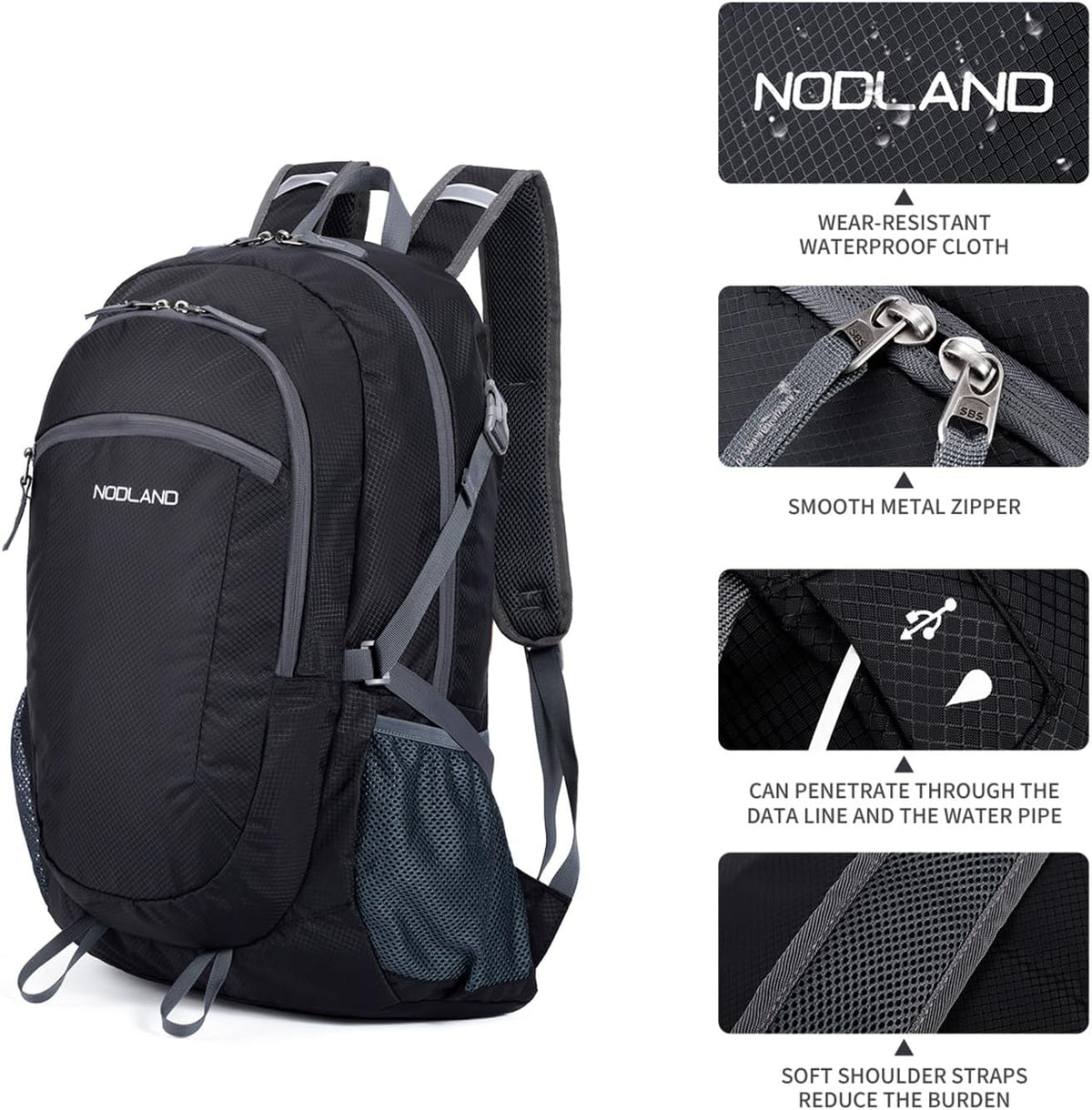 NODLAND Lightweight Backpack, Travel 40L Foldable Water-Resistant Daypack, Hiking Outdoor Camping Rucksack for Men Women