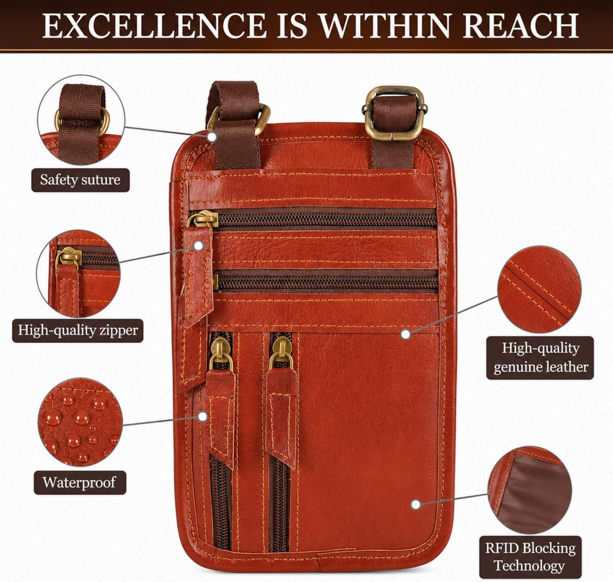 Leather Neck Wallet for Men RFID Blocking Passport Holder, Concealed Travel Pouch Hidden Neck Wallet