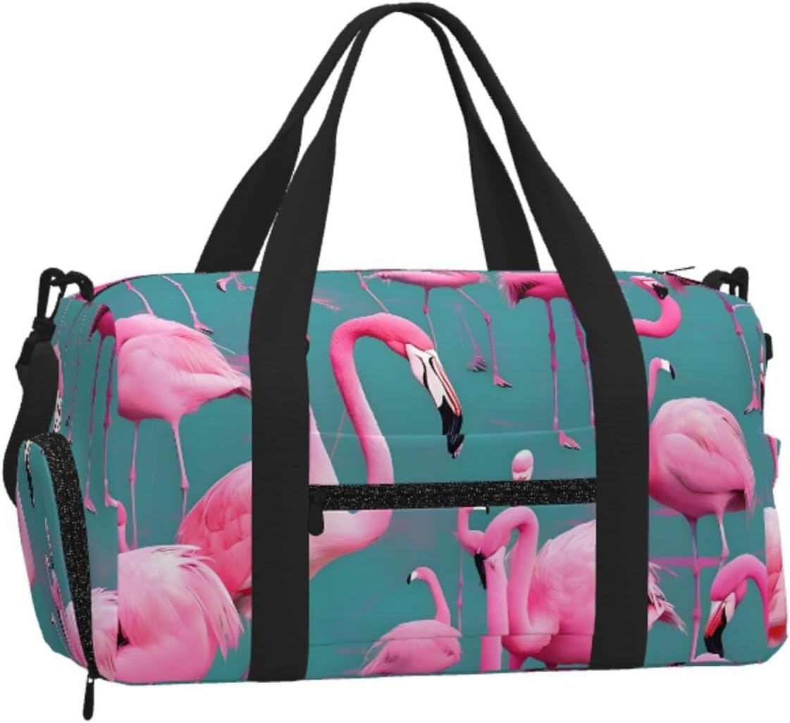 A flock of flamingos Duffel Bag with Shoe Compartment-Sports Gym Weekender for Men Women, Waterproof Travel Tote with Wet Pocket for Dirty Shoes