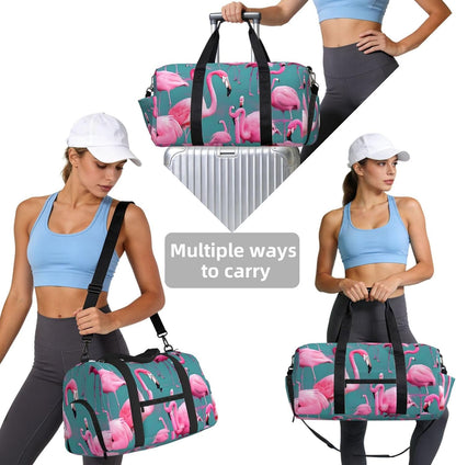 A flock of flamingos Duffel Bag with Shoe Compartment-Sports Gym Weekender for Men Women, Waterproof Travel Tote with Wet Pocket for Dirty Shoes