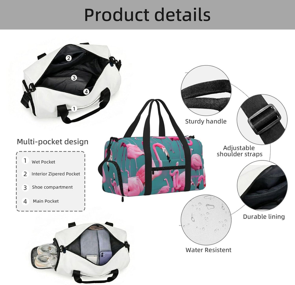 A flock of flamingos Duffel Bag with Shoe Compartment-Sports Gym Weekender for Men Women, Waterproof Travel Tote with Wet Pocket for Dirty Shoes
