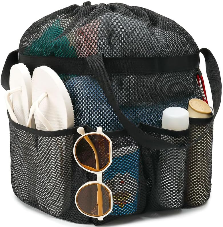 Mesh Shower Caddy Portable with Drawstring, Dorm Room Essentials for College Girls Guys, 8-Pocket Extra Large Shower Bag Basket Tote for Camping Beach Gym Travel Toiletry Bathroom