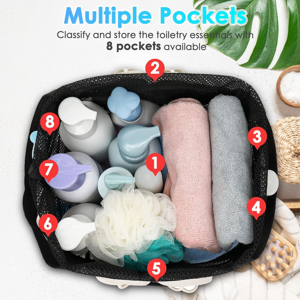 Mesh Shower Caddy Portable with Drawstring, Dorm Room Essentials for College Girls Guys, 8-Pocket Extra Large Shower Bag Basket Tote for Camping Beach Gym Travel Toiletry Bathroom