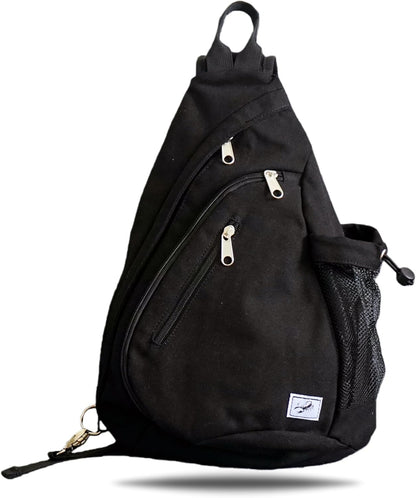 Canvas Sling Bag Crossbody Backpack - Adjustable Strap Daypack with Anti-Theft Pocket and Water Bottle Holder