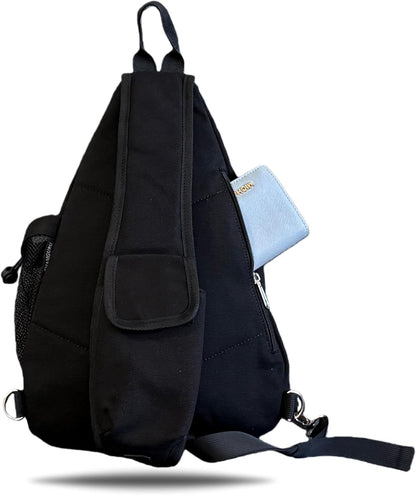 Canvas Sling Bag Crossbody Backpack - Adjustable Strap Daypack with Anti-Theft Pocket and Water Bottle Holder