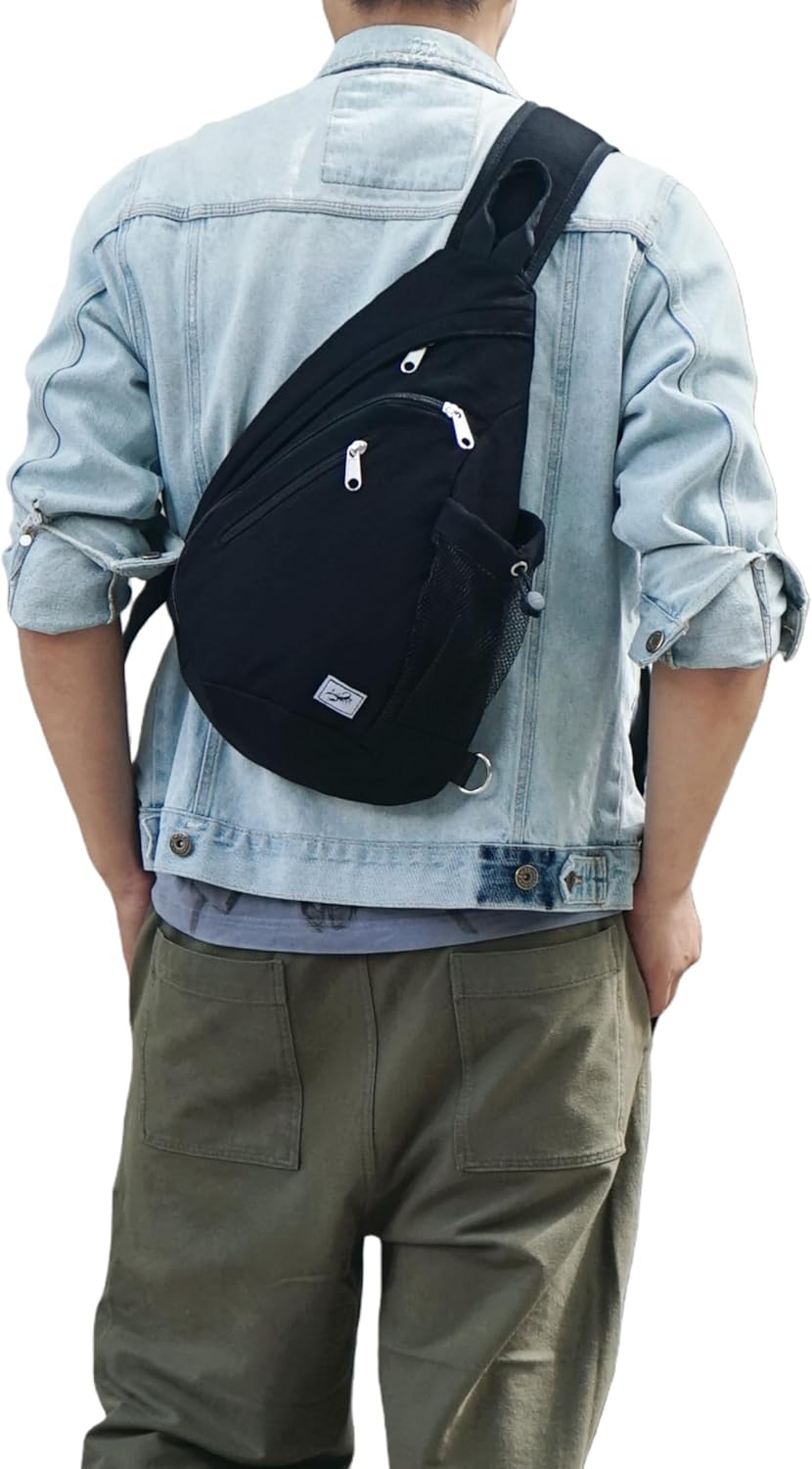 Canvas Sling Bag Crossbody Backpack - Adjustable Strap Daypack with Anti-Theft Pocket and Water Bottle Holder