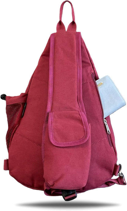 Canvas Sling Bag Crossbody Backpack - Adjustable Strap Daypack with Anti-Theft Pocket and Water Bottle Holder