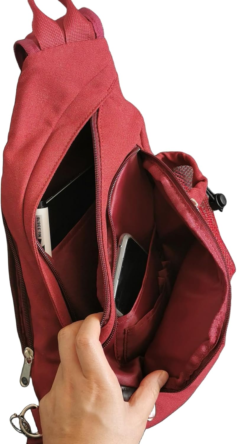 Canvas Sling Bag Crossbody Backpack - Adjustable Strap Daypack with Anti-Theft Pocket and Water Bottle Holder