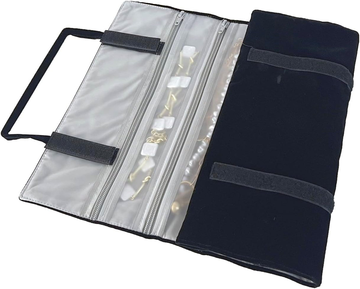 Velvet Jewelry Roll Organizer, 9/11 Grids – Travel Jewelry Case with Zippered Compartments for Necklaces – Compact Portable Jewelry Storage (Blackish Green, 9-Grids)