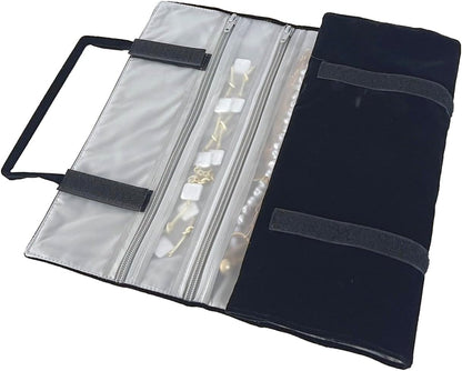 Velvet Jewelry Roll Organizer, 9/11 Grids – Travel Jewelry Case with Zippered Compartments for Necklaces – Compact Portable Jewelry Storage (Blackish Green, 9-Grids)
