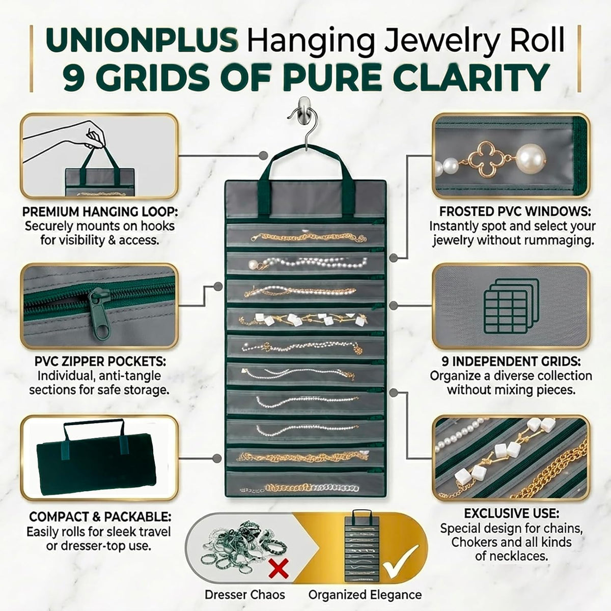 Velvet Jewelry Roll Organizer, 9/11 Grids – Travel Jewelry Case with Zippered Compartments for Necklaces – Compact Portable Jewelry Storage (Blackish Green, 9-Grids)