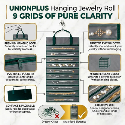 Velvet Jewelry Roll Organizer, 9/11 Grids – Travel Jewelry Case with Zippered Compartments for Necklaces – Compact Portable Jewelry Storage (Blackish Green, 9-Grids)