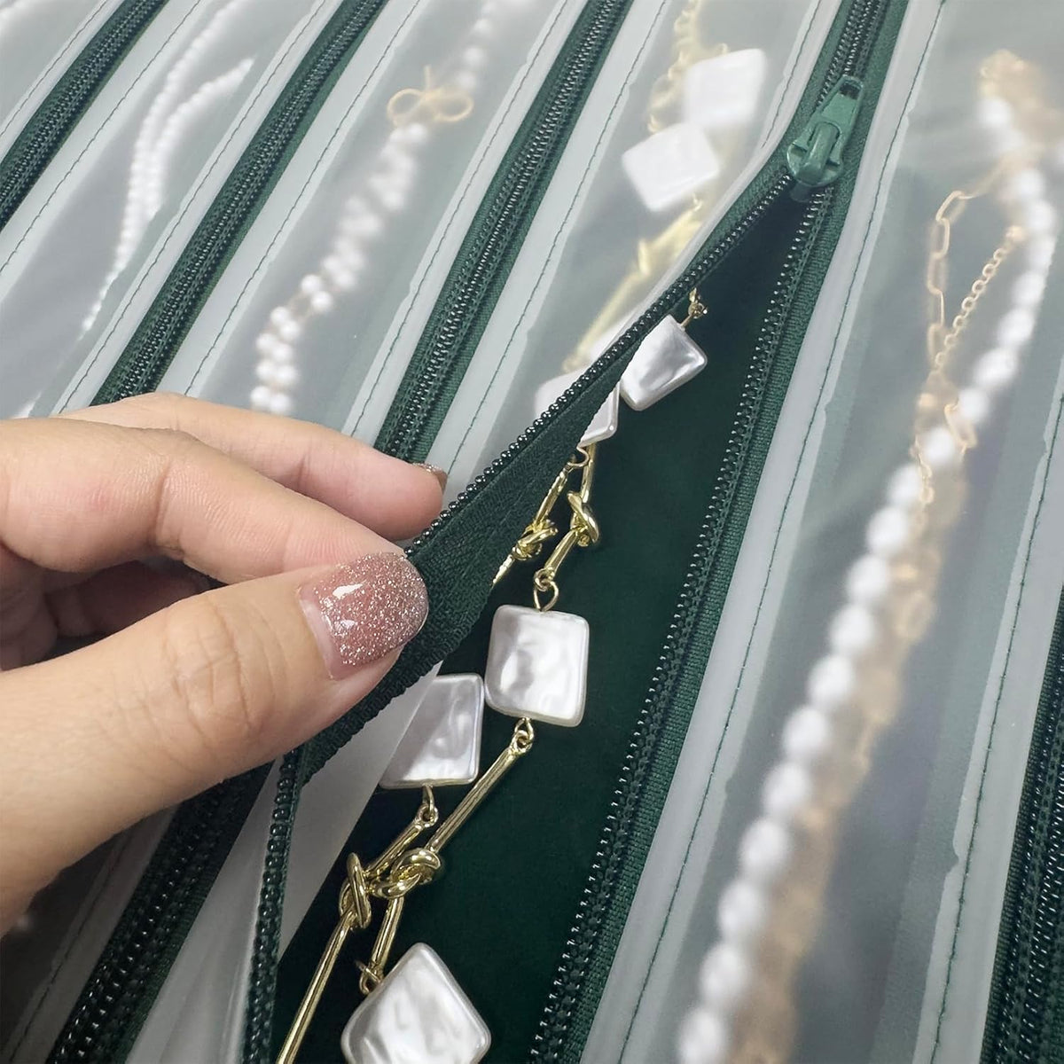 Velvet Jewelry Roll Organizer, 9/11 Grids – Travel Jewelry Case with Zippered Compartments for Necklaces – Compact Portable Jewelry Storage (Blackish Green, 9-Grids)