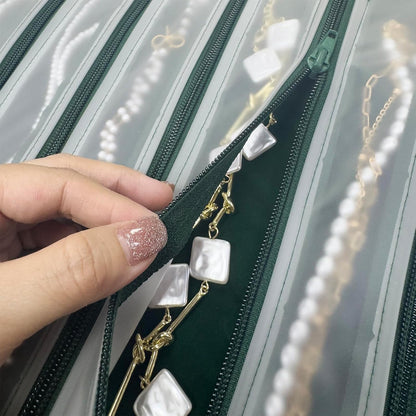 Velvet Jewelry Roll Organizer, 9/11 Grids – Travel Jewelry Case with Zippered Compartments for Necklaces – Compact Portable Jewelry Storage (Blackish Green, 9-Grids)