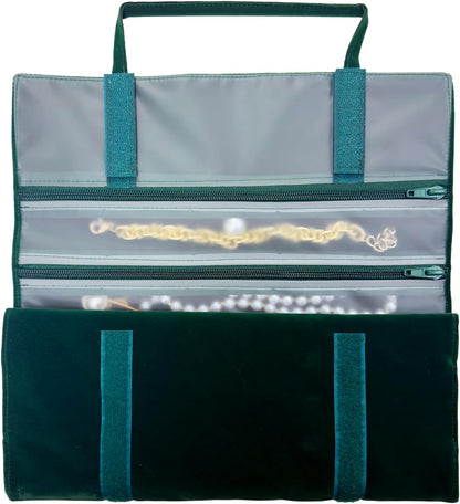 Velvet Jewelry Roll Organizer, 9/11 Grids – Travel Jewelry Case with Zippered Compartments for Necklaces – Compact Portable Jewelry Storage (Blackish Green, 9-Grids)
