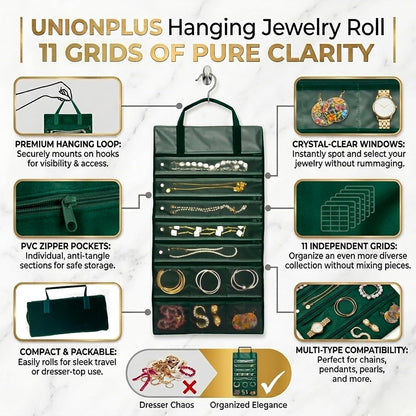 Velvet Jewelry Roll Organizer, 9/11 Grids – Travel Jewelry Case with Zippered Compartments for Necklaces – Compact Portable Jewelry Storage (Blackish Green, 9-Grids)