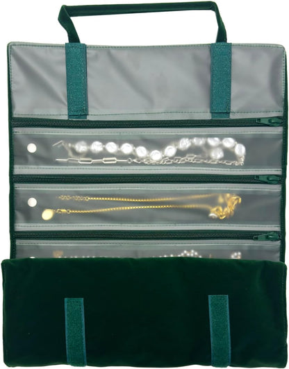 Velvet Jewelry Roll Organizer, 9/11 Grids – Travel Jewelry Case with Zippered Compartments for Necklaces – Compact Portable Jewelry Storage (Blackish Green, 9-Grids)