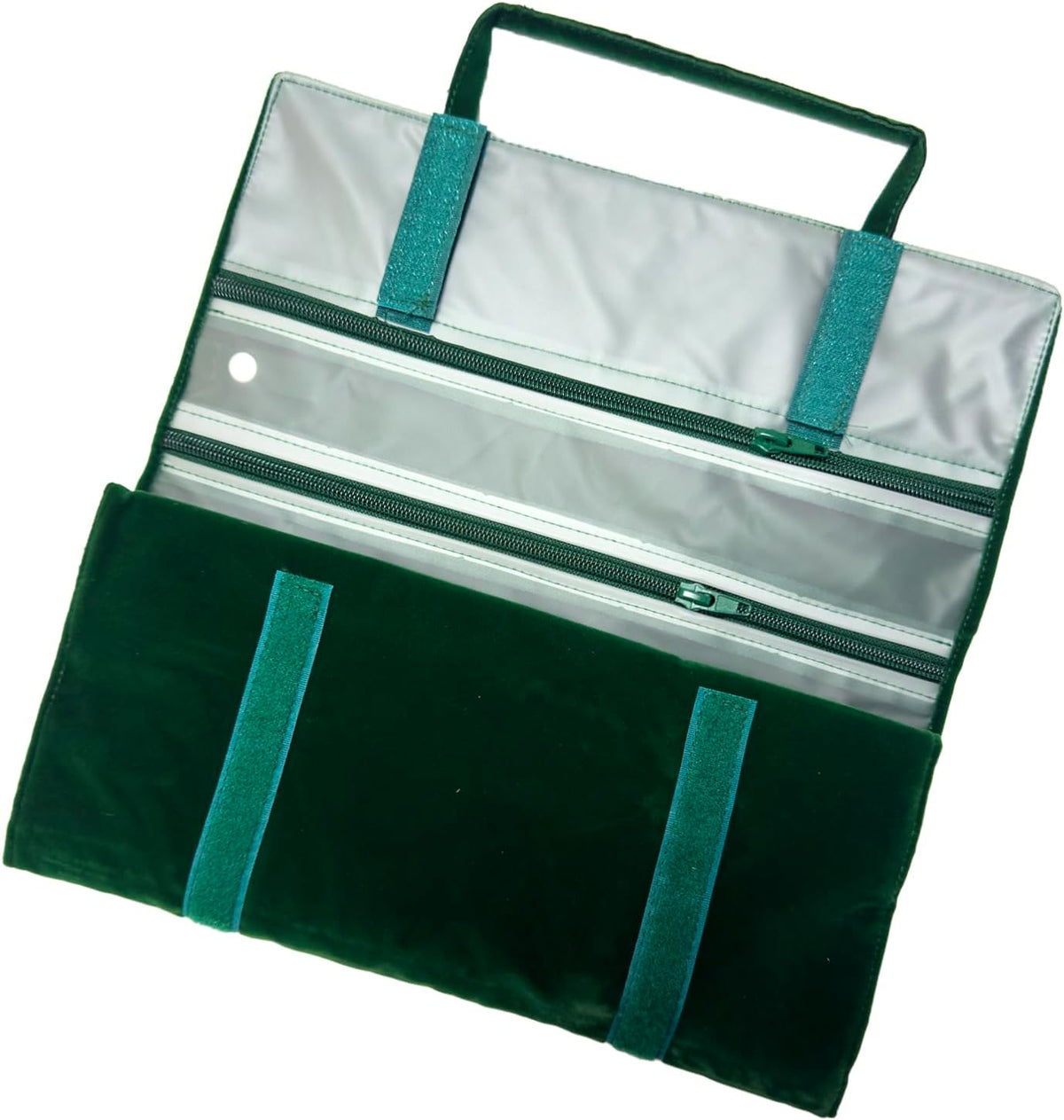 Velvet Jewelry Roll Organizer, 9/11 Grids – Travel Jewelry Case with Zippered Compartments for Necklaces – Compact Portable Jewelry Storage (Blackish Green, 9-Grids)