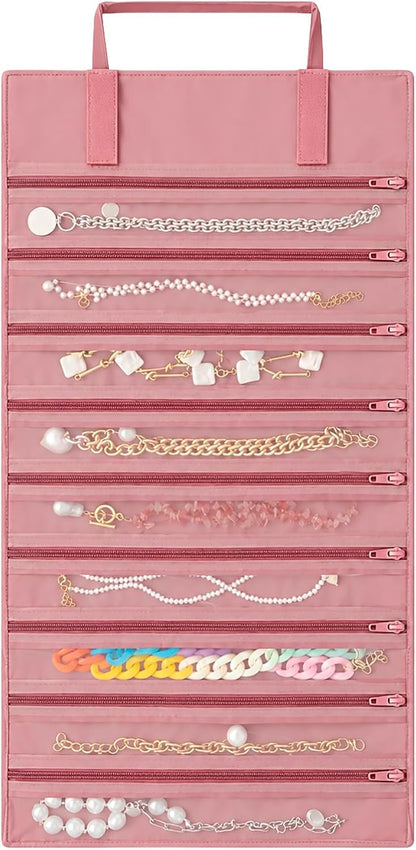 Velvet Jewelry Roll Organizer, 9/11 Grids – Travel Jewelry Case with Zippered Compartments for Necklaces – Compact Portable Jewelry Storage (Blackish Green, 9-Grids)