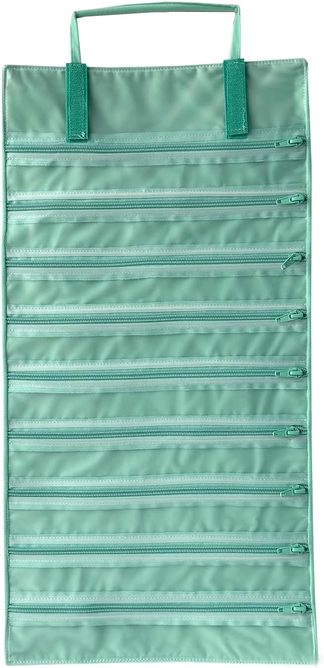 Velvet Jewelry Roll Organizer, 9/11 Grids – Travel Jewelry Case with Zippered Compartments for Necklaces – Compact Portable Jewelry Storage (Blackish Green, 9-Grids)