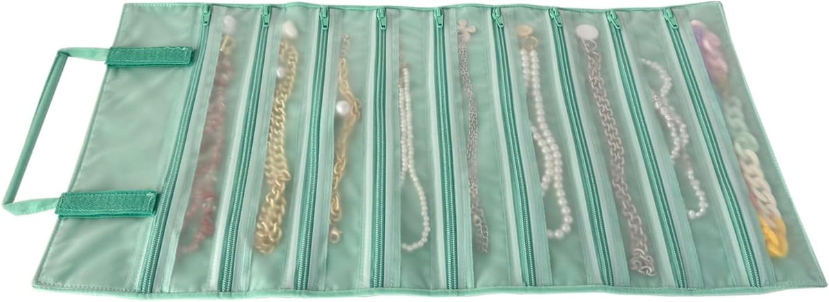 Velvet Jewelry Roll Organizer, 9/11 Grids – Travel Jewelry Case with Zippered Compartments for Necklaces – Compact Portable Jewelry Storage (Blackish Green, 9-Grids)