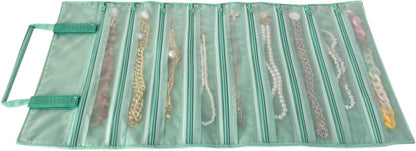 Velvet Jewelry Roll Organizer, 9/11 Grids – Travel Jewelry Case with Zippered Compartments for Necklaces – Compact Portable Jewelry Storage (Blackish Green, 9-Grids)