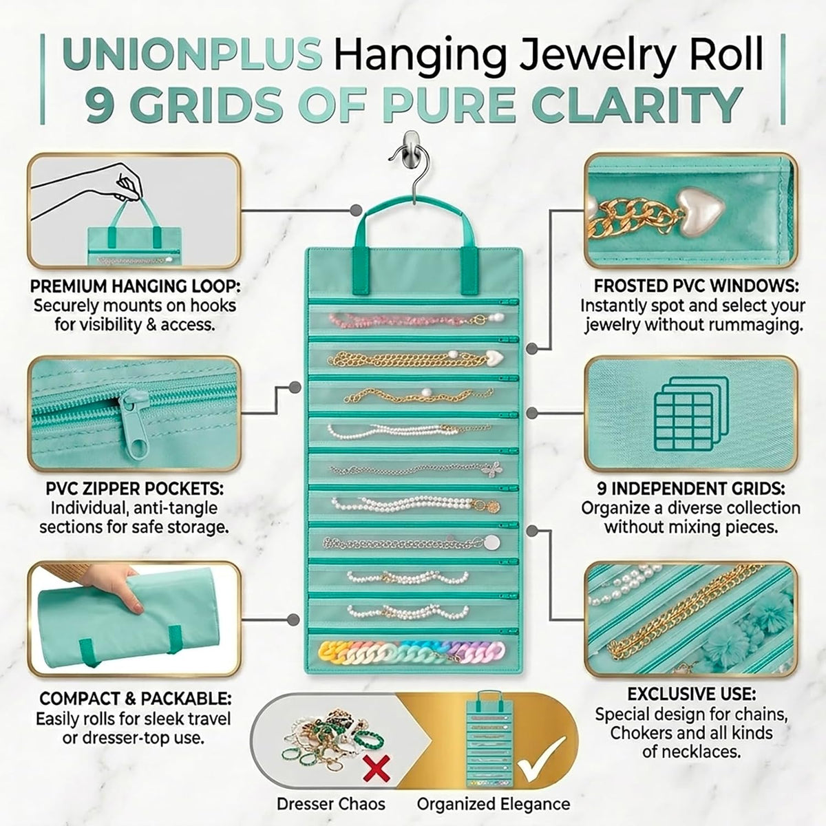 Velvet Jewelry Roll Organizer, 9/11 Grids – Travel Jewelry Case with Zippered Compartments for Necklaces – Compact Portable Jewelry Storage (Blackish Green, 9-Grids)