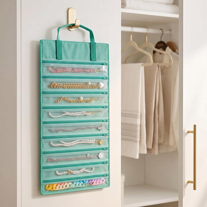 Velvet Jewelry Roll Organizer, 9/11 Grids – Travel Jewelry Case with Zippered Compartments for Necklaces – Compact Portable Jewelry Storage (Blackish Green, 9-Grids)