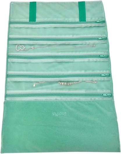 Velvet Jewelry Roll Organizer, 9/11 Grids – Travel Jewelry Case with Zippered Compartments for Necklaces – Compact Portable Jewelry Storage (Blackish Green, 9-Grids)