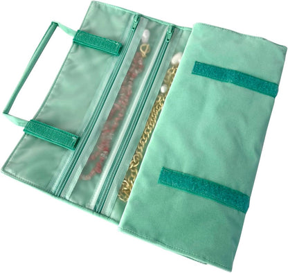 Velvet Jewelry Roll Organizer, 9/11 Grids – Travel Jewelry Case with Zippered Compartments for Necklaces – Compact Portable Jewelry Storage (Blackish Green, 9-Grids)