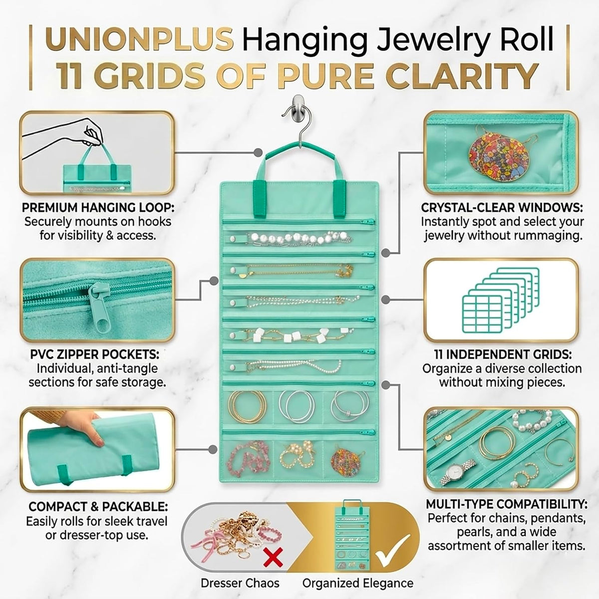 Velvet Jewelry Roll Organizer, 9/11 Grids – Travel Jewelry Case with Zippered Compartments for Necklaces – Compact Portable Jewelry Storage (Blackish Green, 9-Grids)