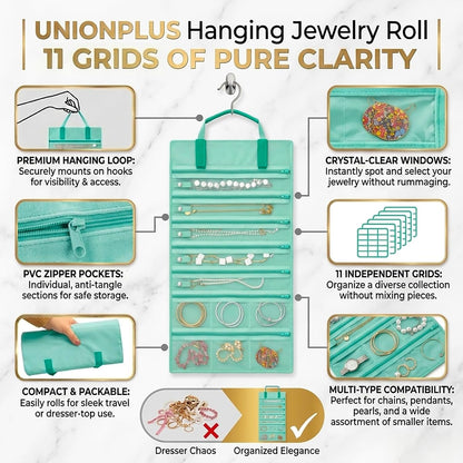 Velvet Jewelry Roll Organizer, 9/11 Grids – Travel Jewelry Case with Zippered Compartments for Necklaces – Compact Portable Jewelry Storage (Blackish Green, 9-Grids)