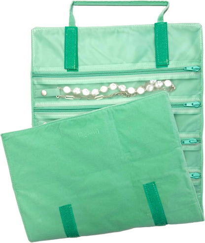 Velvet Jewelry Roll Organizer, 9/11 Grids – Travel Jewelry Case with Zippered Compartments for Necklaces – Compact Portable Jewelry Storage (Blackish Green, 9-Grids)