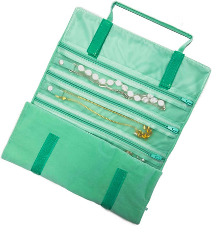 Velvet Jewelry Roll Organizer, 9/11 Grids – Travel Jewelry Case with Zippered Compartments for Necklaces – Compact Portable Jewelry Storage (Blackish Green, 9-Grids)