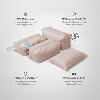 Compression Packing Bags for Travel, Manual Space Saving Organizers for Luggage and Closet, Reusable Polyester Storage Set of 6 (Set of 6)