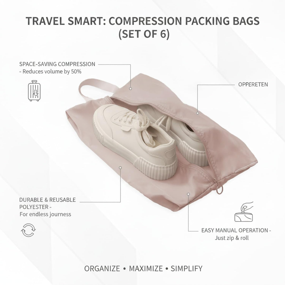 Compression Packing Bags for Travel, Manual Space Saving Organizers for Luggage and Closet, Reusable Polyester Storage Set of 6 (Set of 6)