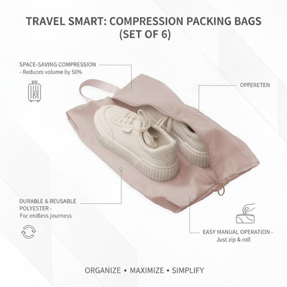 Compression Packing Bags for Travel, Manual Space Saving Organizers for Luggage and Closet, Reusable Polyester Storage Set of 6 (Set of 6)