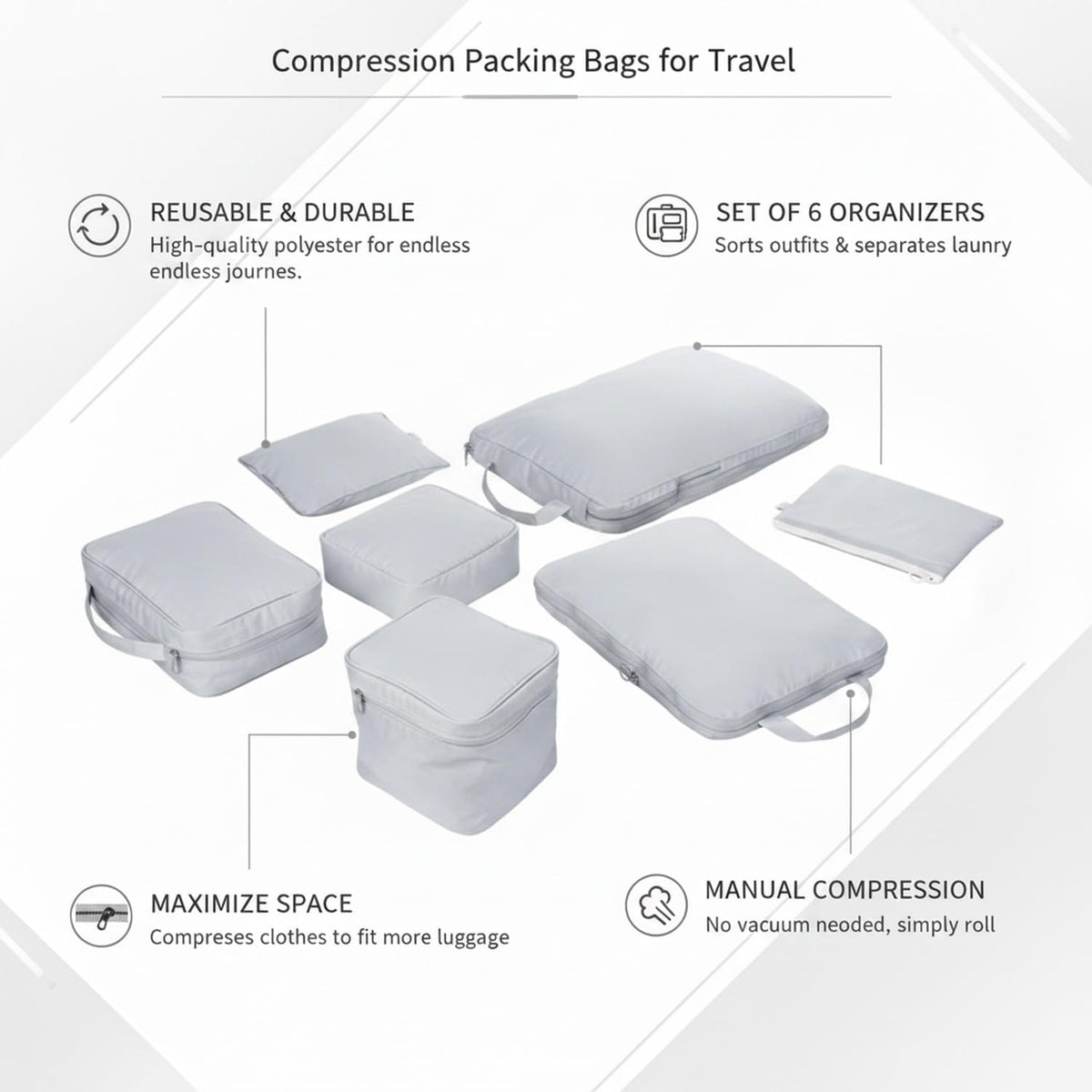 Compression Packing Bags for Travel, Manual Space Saving Organizers for Luggage and Closet, Reusable Polyester Storage Set of 6 (Set of 6)