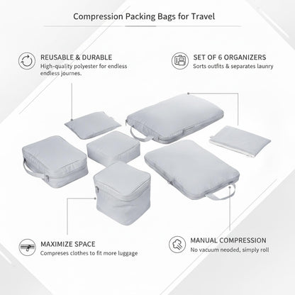 Compression Packing Bags for Travel, Manual Space Saving Organizers for Luggage and Closet, Reusable Polyester Storage Set of 6 (Set of 6)