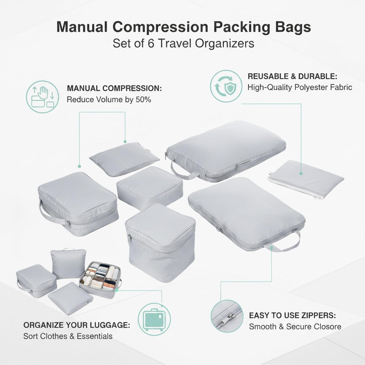 Compression Packing Bags for Travel, Manual Space Saving Organizers for Luggage and Closet, Reusable Polyester Storage Set of 6 (Set of 6)