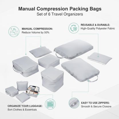 Compression Packing Bags for Travel, Manual Space Saving Organizers for Luggage and Closet, Reusable Polyester Storage Set of 6 (Set of 6)