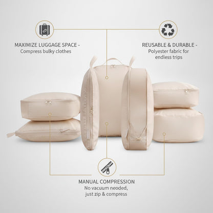 Compression Packing Bags for Travel, Manual Space Saving Organizers for Luggage and Closet, Reusable Polyester Storage Set of 6 (Set of 6)