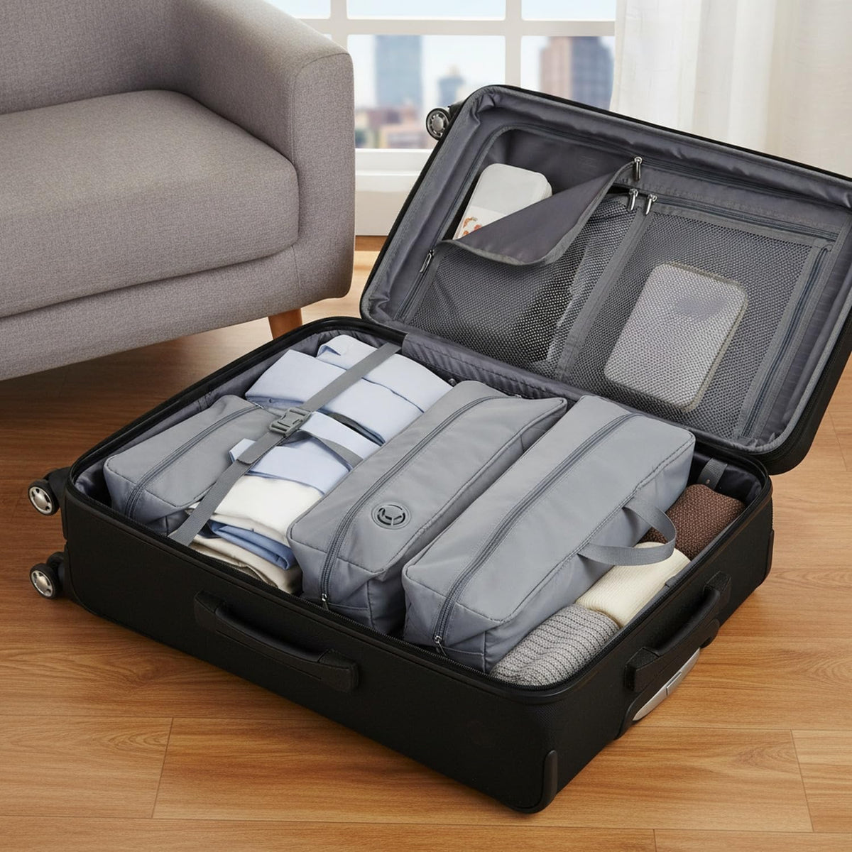 Compression Packing Bags for Travel, Manual Space Saving Organizers for Luggage and Closet, Reusable Polyester Storage Set of 6 (Set of 6)