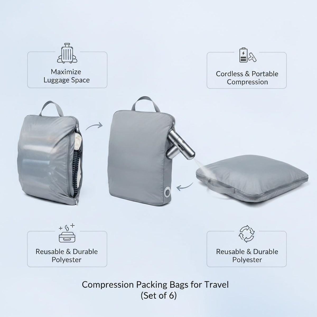 Compression Packing Bags for Travel, Manual Space Saving Organizers for Luggage and Closet, Reusable Polyester Storage Set of 6 (Set of 6)