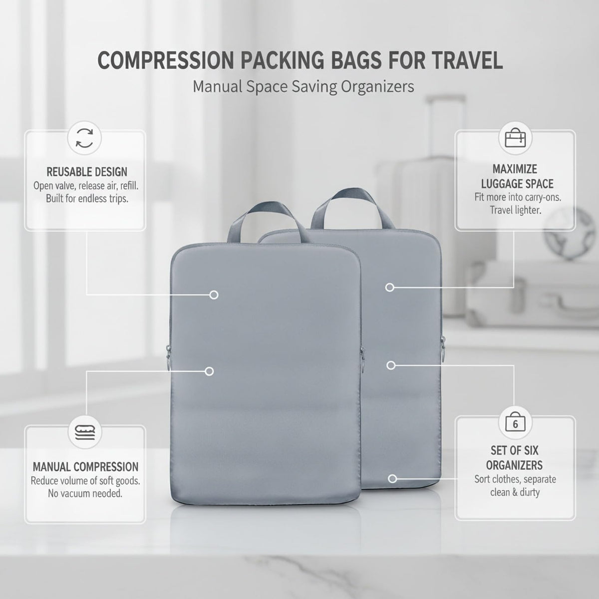 Compression Packing Bags for Travel, Manual Space Saving Organizers for Luggage and Closet, Reusable Polyester Storage Set of 6 (Set of 6)