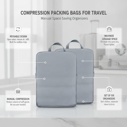 Compression Packing Bags for Travel, Manual Space Saving Organizers for Luggage and Closet, Reusable Polyester Storage Set of 6 (Set of 6)